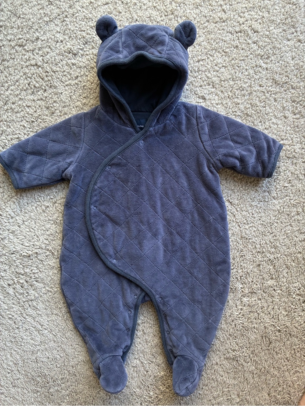 GAP Velour Quilted Hooded One-Piece Bunting suit in Navy with Bear Ears